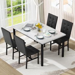 Marble Dining Table Set for 4, Rectangular Faux Marble Kitchen Table and Chairs Set, Modern Dining Room Set with 4 Leather Dining Chairs