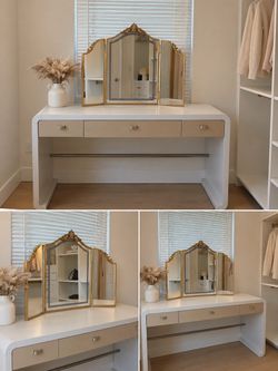 Cream Vanity Desk with Trifold Gold Mirror