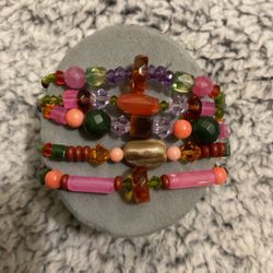 Colorful 5 Strand Precious Stone Bracelet W/silver Tone Clasp 