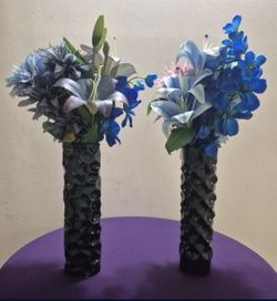 *** REDUCED *** PAIR of 12" Blue Ceramic Vases w Faux Bouquets of Lilies, Orchids & Anemones @ Lasting Creations