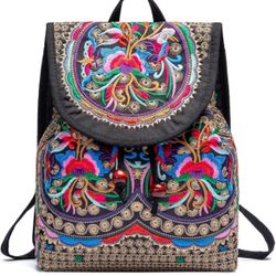 Women Vintage Embroidery Ethnic- Backpack- Flower Shoulder Bag Purse,Fashion Handbag Small Drawstring Casual Travel Daypack