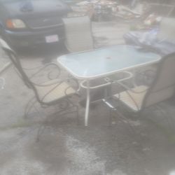 4 Wrought Iron Chairs Table And Umbrella Missing BottomPole