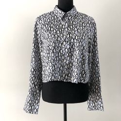 Womens Zara Penguin Satin Long Sleeve Cropped Blouse Top Size S