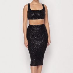 Black Sequins Crop Top and Skirt Set
