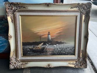 Beautiful Original Ships lighthouse ( Silent Sunset ) Scene -Oil Painting