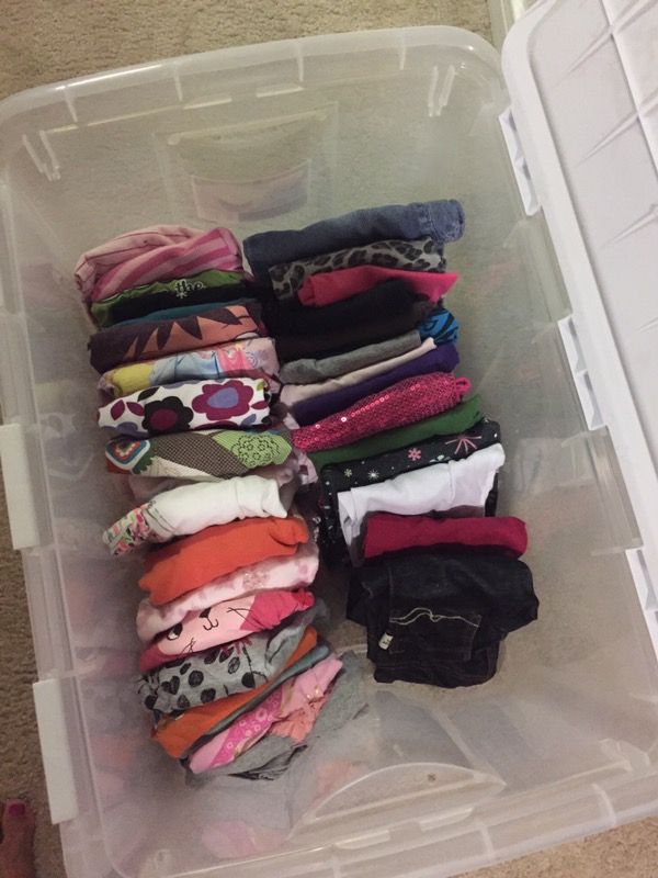 Bin of siZe 4t clothes pants and long sleeve shirts