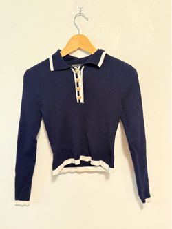 Emerson Lang Navy Ribbed Knit Long-Sleeve Polo Sweater – Size M