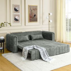 3 in 1 Pull-Out Bed Sleeper, Modern Upholstered 3 Seats Lounge Sofa & Couches with Rolled Arms Decorated with Copper Nails , Convertible Futon 3 Seats