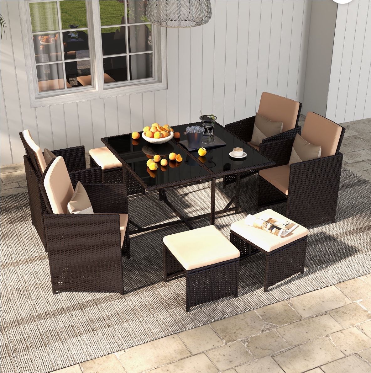 Vicluke 9 Pieces Patio Dining Table Set with Rattan Chairs