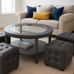 Round Cherry Coffee Table with Black Top + 4 Gray Tufted Ottomans – Full Set