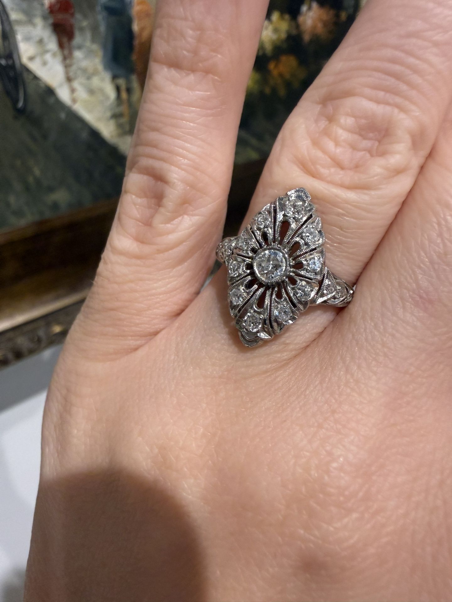 Platinum Ring With Natural Old European Cut Diamonds Antique 1900s