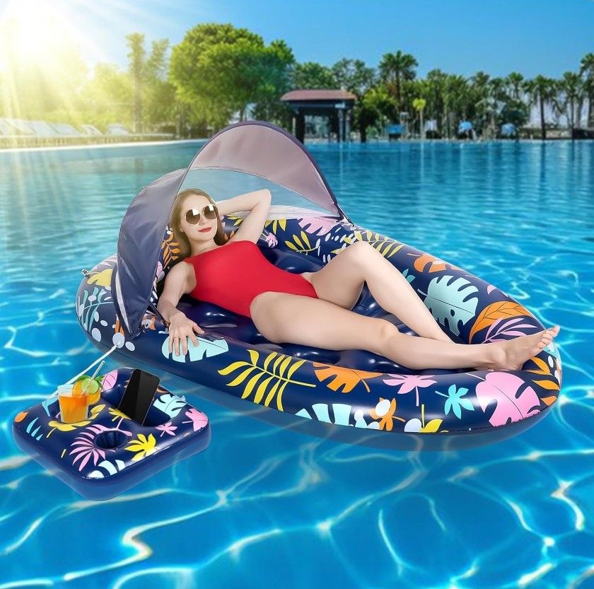 Inflatable Pool Float Lounge 3-in-1 Detachable Sun Shade Canopy, Adjustable Headrest, 2 Cup Holders