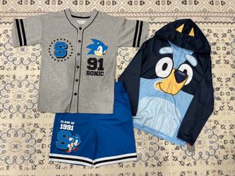 Brand-new kid Sonic baseball outfit & Bluey jacket