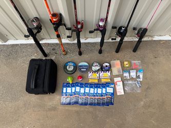 6 Fishing Rods & Reels Lot with Tackle, Line & Accessories