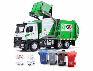 12'' Electric Garbage Truck Set with Front Loader/Metal Cab, Friction-Powered Recycling Vehicle with Dumpster, 4 Trash Bins & Sorting Cards, Trash Tru