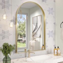 Arch Mirror, 24 x 36 Inch Gold Arch Mirror for Bathroom, Arched Wall Mirror, Aluminum Alloy Frame Gold Bathroom Vanity Mirror for Living Room Bedroom 