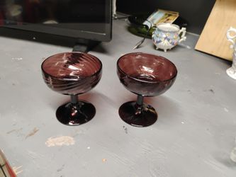 Amethyst Sherbet dishes parfait cup midcentury 4 1/4" tall depression glass stem Purple swirl