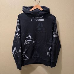 Men’s Small Reebok Black Classic Graphic Allover Logo Print Long Sleeve Hoodie