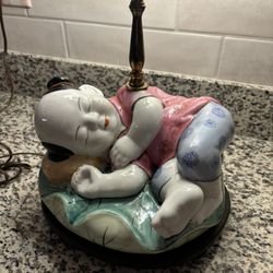 Vintage Porcelain Fat Chinese Boy Resting Lamp