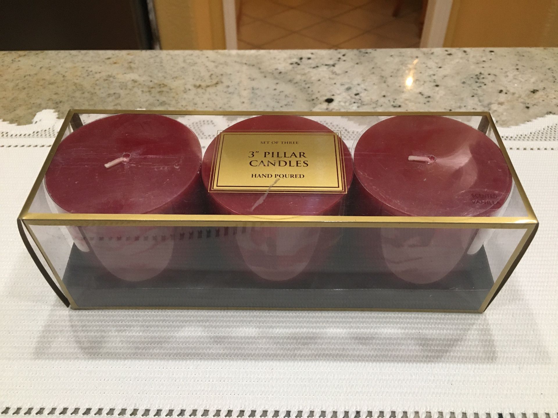 Set of 3 inch Pillar Candles. In original box.