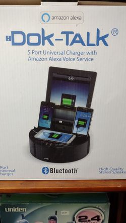 Dok-Talk Bluetooth Radio Alarm Speaker With Amazon Alexa Voice  5 USB Charging Ports New