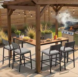 4pcs chair+L-shaped Metal Bar Height Outdoor Dining Table Patio Bar Table in Brown