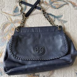 Tory Burch women whipstitch navy blue leather gold chain handbag purse shoulder bag leather saddlebag handbag 