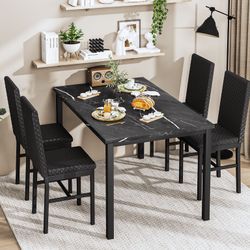 Dining Table Set for 4, Modern 5 Piece Dining Table Set, Faux Marble Kitchen Table and 4 Velvet Upholstered Chairs for Apartments, Dining Rooms, Small
