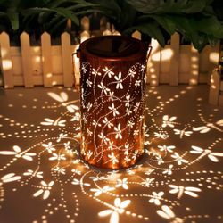 New Solar Lanterns Outdoor Hanging Lantern Lights, Dragonfly Hollowed-Out Metal Decor Lantern