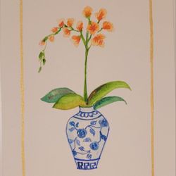 4"x6" Watercolor Painting of Orchid  in a Blue Vase