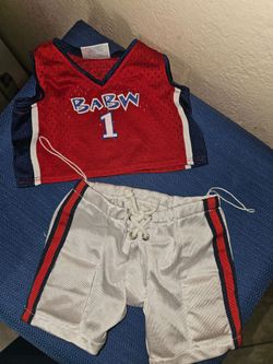 Build-A-Bear Workshop red, white, and blue basketball uniform outfit.