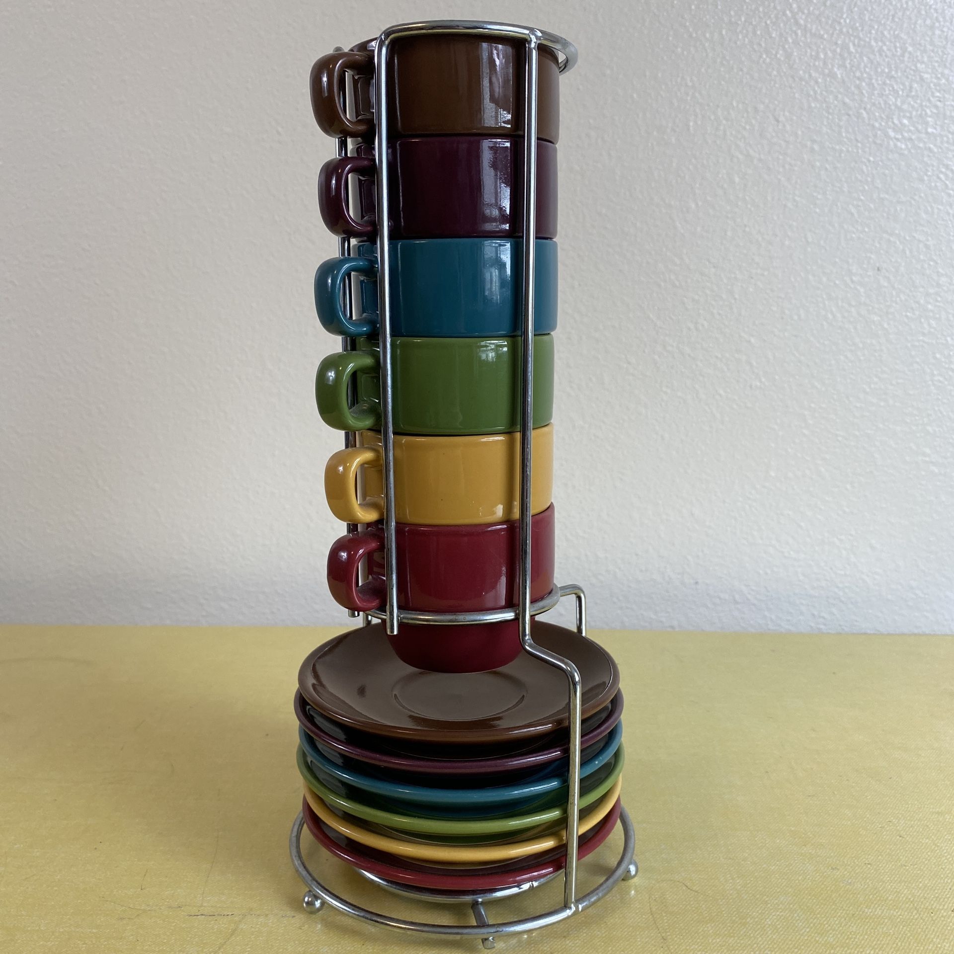 World Market Stacking Cappuccino 6 Cups Mugs & Saucers Multicolour Chrome Stand