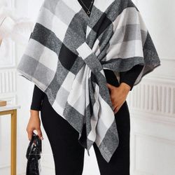 Lady Women's Elegant Plaid Poncho Style Woolen Coat, Autumn