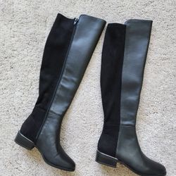 New Alfani Step N' Flex Women's Black Leather/Micro Ludlowe Over-The-Knee Boots Sz 5