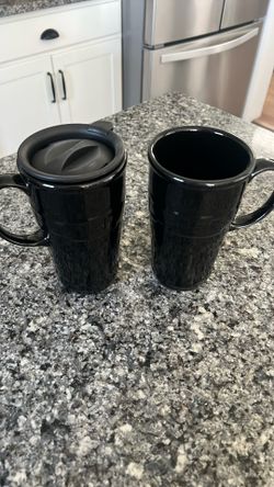 Longaberger Pottery Woven Traditions Ebony Black Tall Coffee Mugs Set of 2."