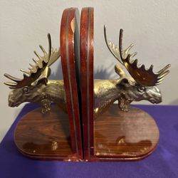 Solid Brass Moose Wood Bookends MCM Head Trophy 