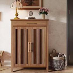 New Assembled Shoe Cabinet, 5-Tier Shoe Storage Cabinet with Louvered Doors and Drawer, Freestanding Wooden Shoe Rack Organizer with Adjustable Shelve