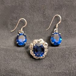 Oval Cut Sapphire w/Rhinestones 5.5 Ring+2Dangle Hanging Earring Jewelry Set New