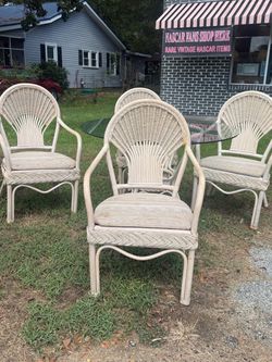 Vintage White Wicker & Rattan Patio Dining Set – Glass Top Table & 4 Armchairs