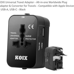 KOIX Universal Travel Adapter - All-in-one Worldwide Plug Adapter & Converter for Travels - Compatible with Apple Devices - USB-A, USB-C - Black