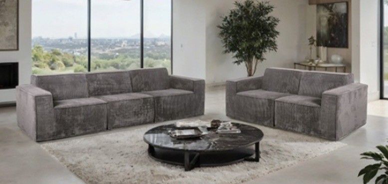 Brand New Dark Grey Compressed Foam Corduroy Sofa & Loveseat