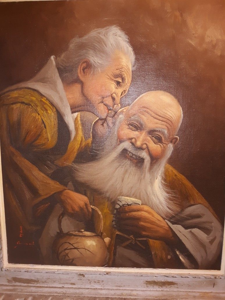 Vintage Antique Chinese Japanese Oil Painting Granny Geisha Artist Signed Quality Original Art