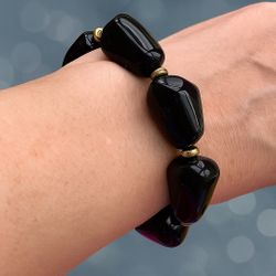 PLUNDER Stretch Beaded Bracelet I Black Chunky Beads I  Dainty Gold Spacers EUC