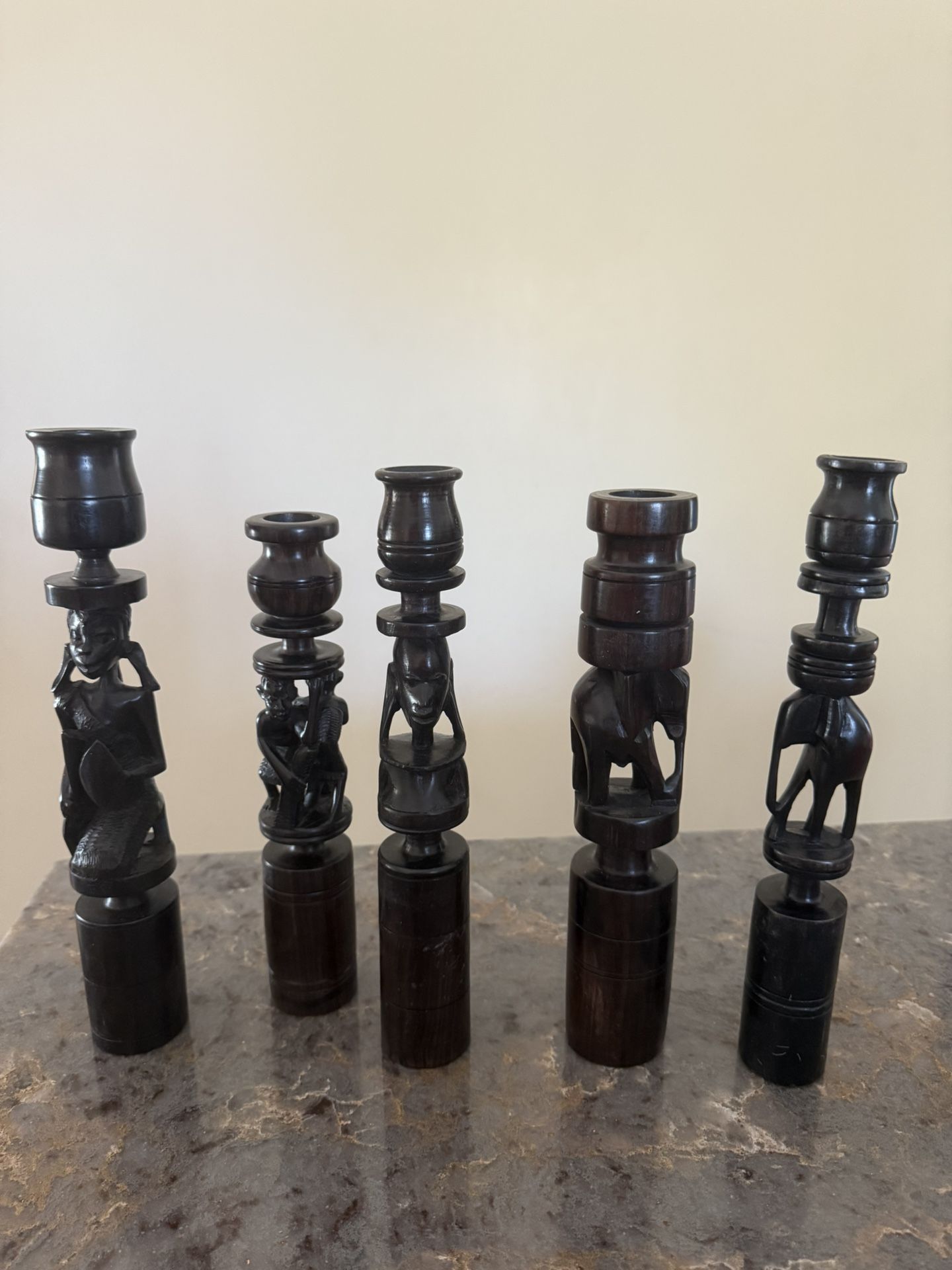 East Africa candlesticks 5 total Hand carved exquisite details