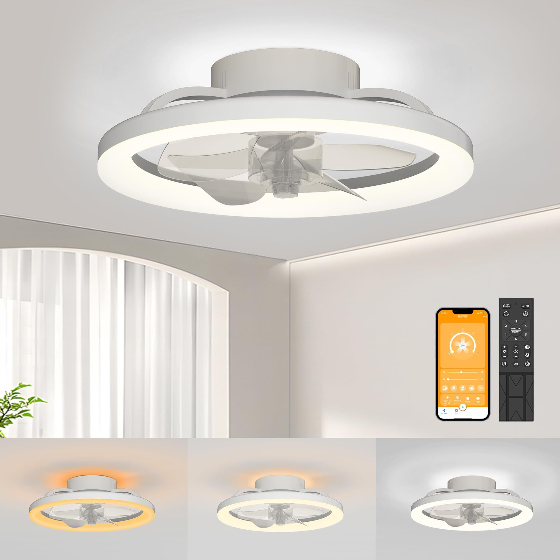 Ceiling Fans with Lights and Remote White 16 inch Bladeless Modern
