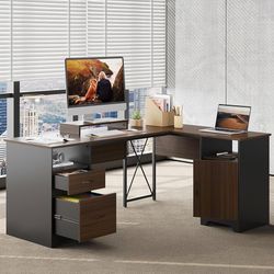 L Shaped Desk with File Drawers, 63" x 47" Office Computer Desk with Storage Cabinet, Corner Desk with Monitor Stand & Modesty Panel for Home Office, 