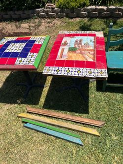 2 mexican restaurant tables with painted tiles ---great diy