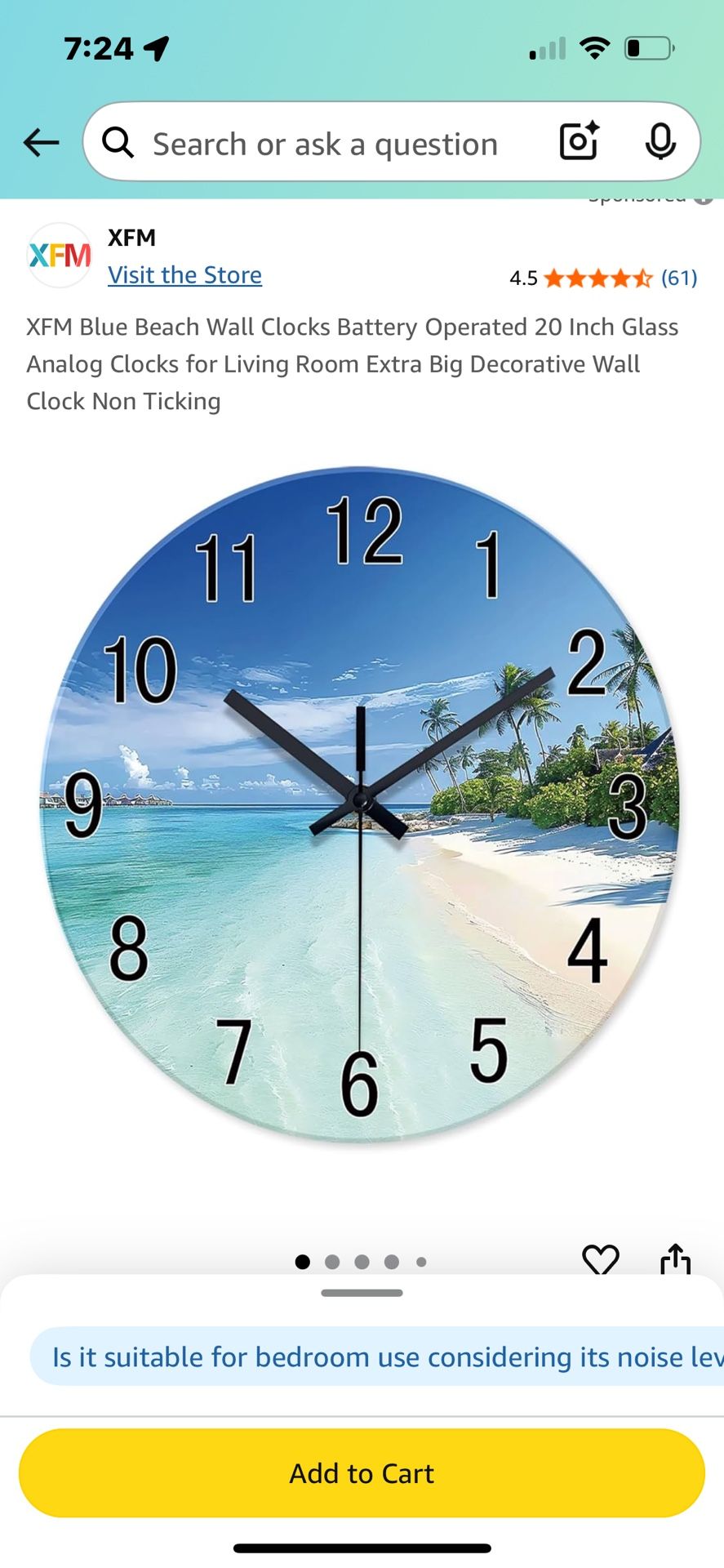 Brand New Blue Beach Non Ticking Clock