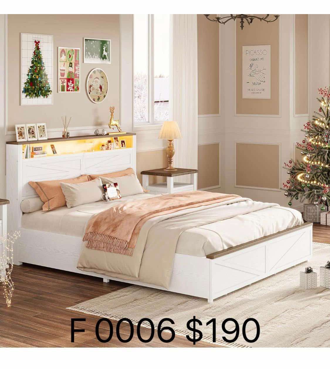 IRONCK Farmhouse Queen Size Bed Frame with LED Light and Charging Station(0006)