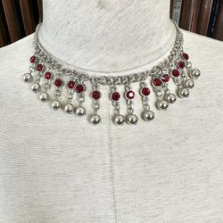 Silver Tone Burgundy Rhinestone Necklace 